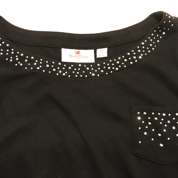 QF black 3/4 sleeve shirt embellished with rhinestones (2X) - Picture 4 of 7